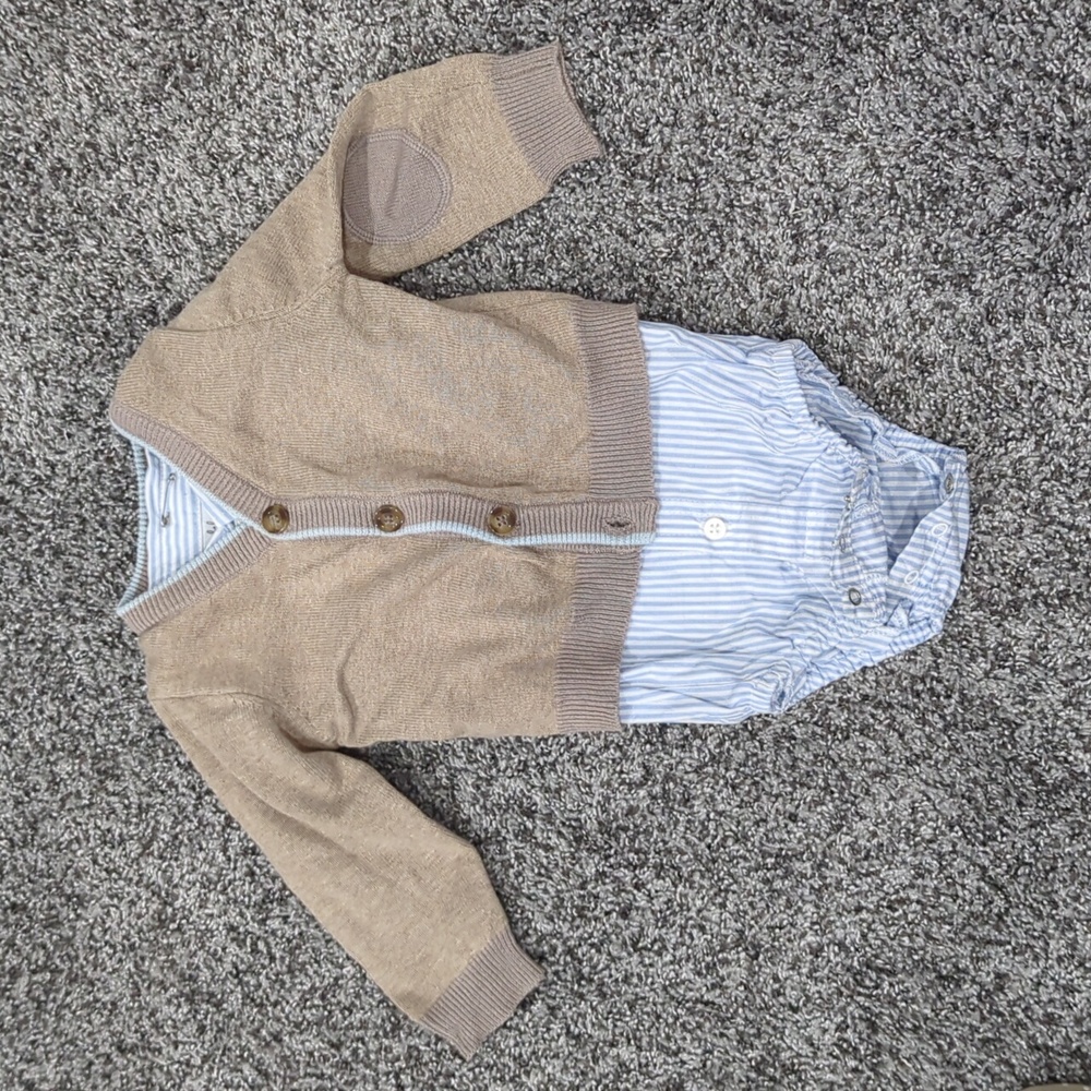 Cardigan, dress shirt and suspenders